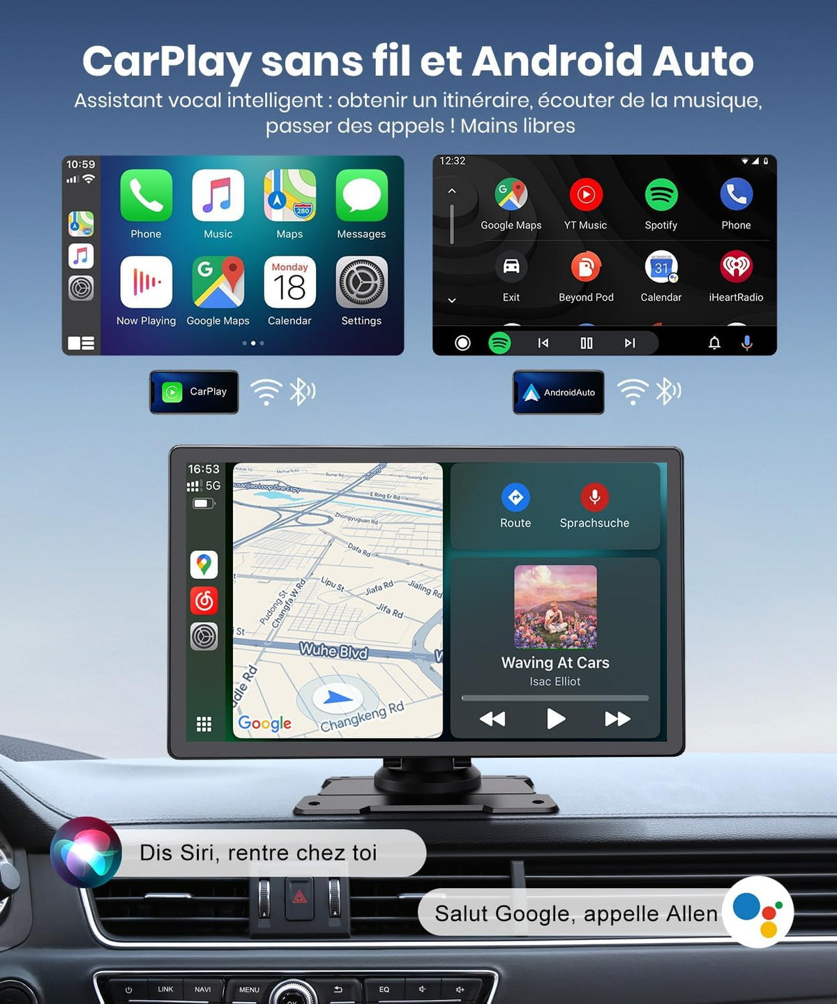 CarPlay Coche 9: Pantalla IPS HD brillante, visibilidad clara de día y de noche. Apple CarPlay y Android Auto inalámbricos, Bluetooth y WiFi 5GHz, navegación GPS, instalación fácil, cámara de marcha atrás (opcional)