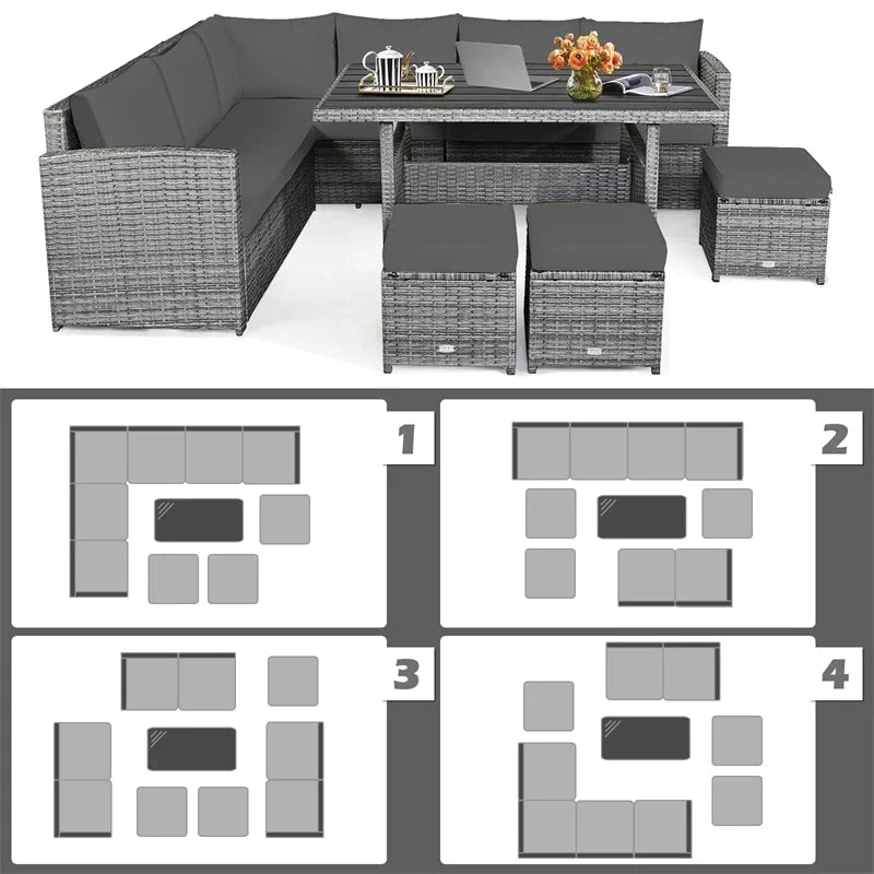 Conjunto de muebles de comedor para patio de 7 piezas de ratán con sofá seccional, mesa de comedor, otomanas y cojines