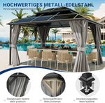 UDPATIO 3x4 m Pavillon Polycarbonat Doppeldach mit Vorhängen,Wetterbeständige Legierungen-Gartenpavillon wasserdicht stabil Winterfest UV-Schutz 6x6 cm starken Pfosten für Garten, Terrasse, Grau