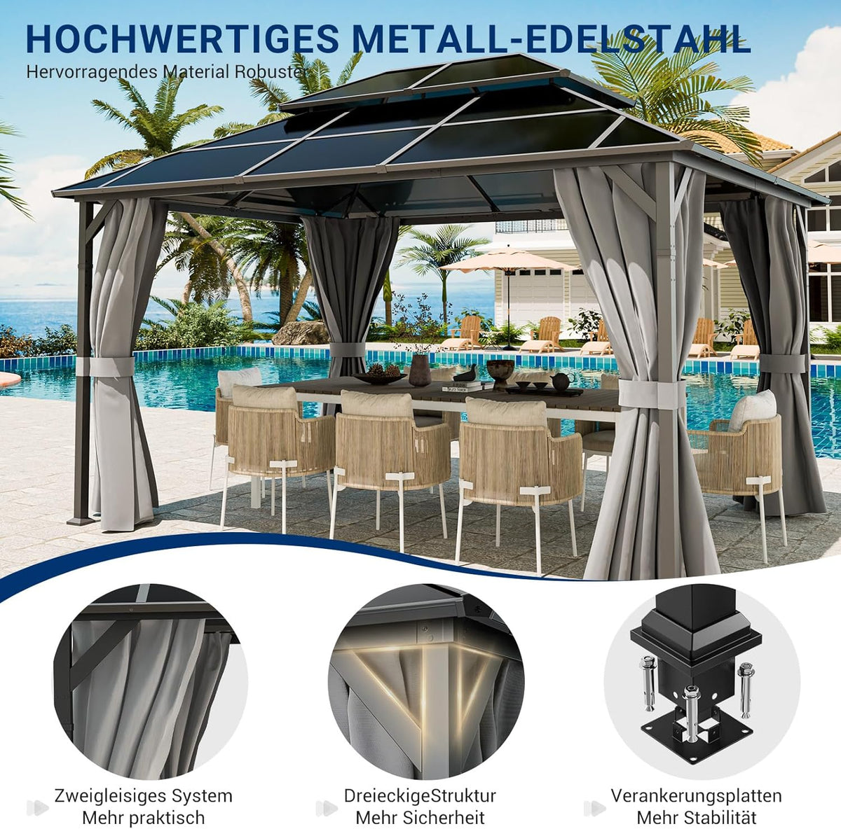 UDPATIO 3x4 m Pavillon Polycarbonat Doppeldach mit Vorhängen,Wetterbeständige Legierungen-Gartenpavillon wasserdicht stabil Winterfest UV-Schutz 6x6 cm starken Pfosten für Garten, Terrasse, Grau