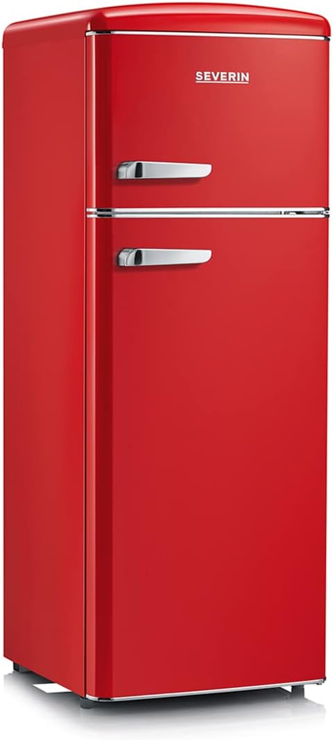 SEVERIN Frigorífico Congelador 2 puertas, Libre instalación, Anchura 55 cm, 206L, Clase E, Veggibox incluida, Retro, Rojo, RKG 8930