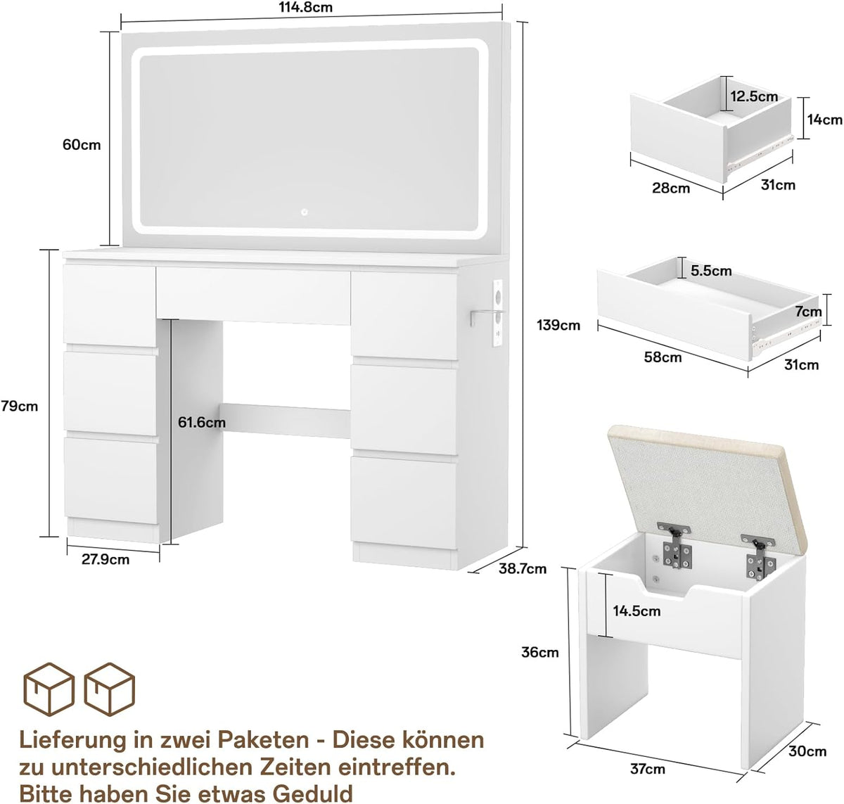 TRIUMPHKEY Schminktisch Groß mit Spiegel und LED Beleuchtung 115cm,Farbtemperatur Einstellbar, 7 Schubladen Schminktisch mit Steckdose Dressing Table mit Hocker,115x40x139cm,Weiß