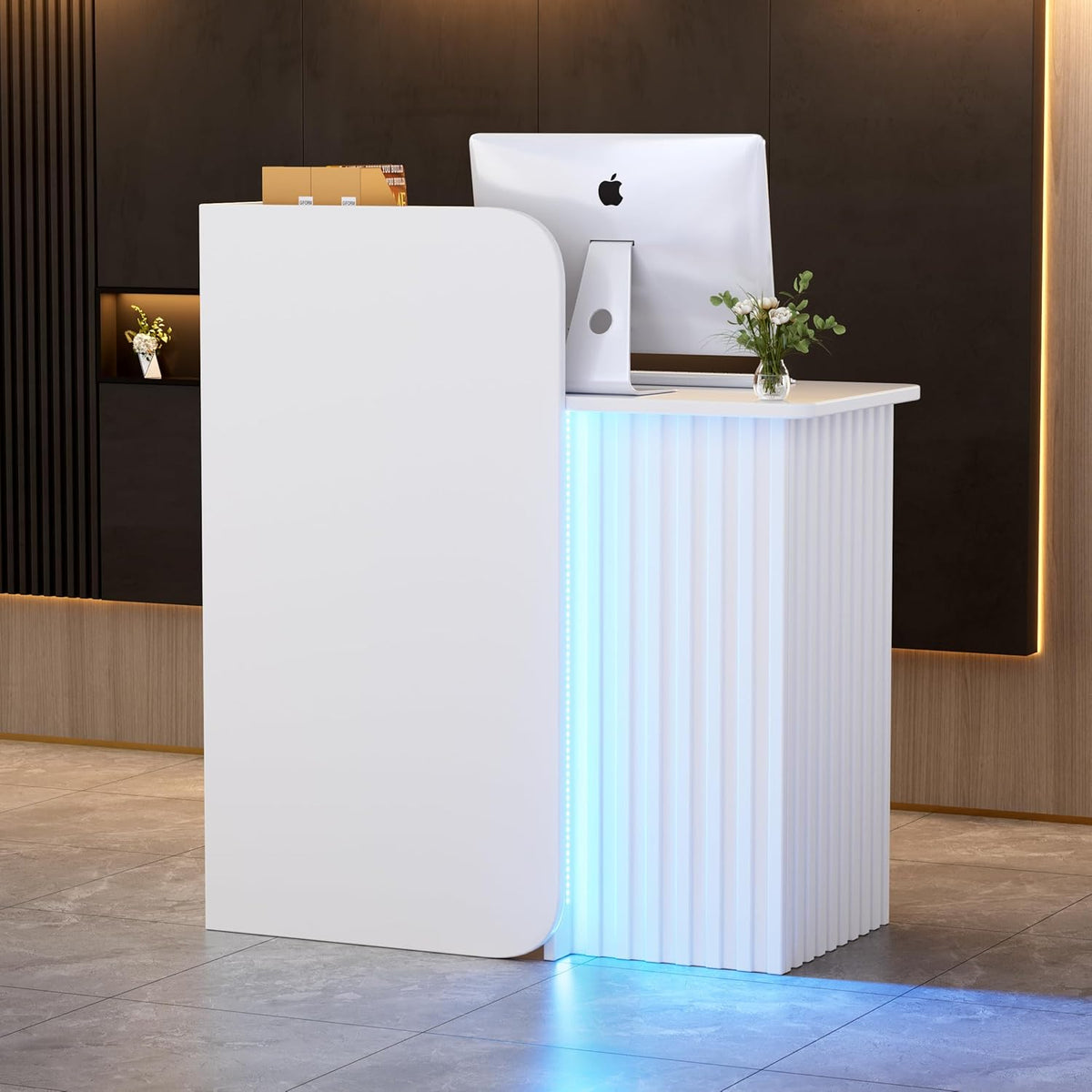 Mostrador de recepción con tira de luz LED, escritorio de recepción pequeño con cajones con cerradura, mueble de recepción moderno, mesa de recepción, mostrador frontal compacto para salón, negocio, hotel y oficina, 44x80x100 cm