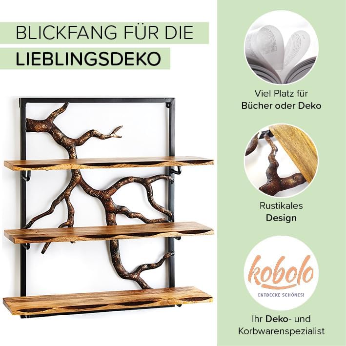 Estantería de pared Kobolo - Rama de árbol - 3 estantes - 59x20x66 cm - de hierro y madera