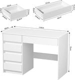 Escritorio VOWNER con 5 cajones, escritorio para computadora con almacenamiento, mesa de PC para habitación juvenil o dormitorio | Mesa de trabajo, 110x50x75 cm (blanco)