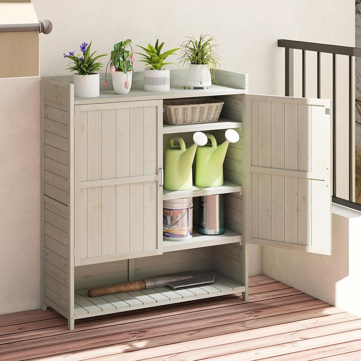 COSTWAY Pflanztisch Outdoor wetterfest, Gärtnertisch Holz, Blumentisch mit Unterschrank, Abfalleimer & verstellbarem Regal, Gärtnertisch für Garten Terrasse Hof, 102 x 43,5 x 152 cm, Natur