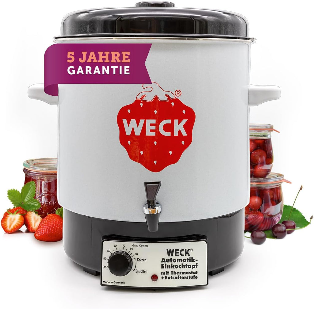 Esterilizador automático WECK WAT14-A de esmalte con termostato de precisión y grifo – Olla conservadora de 29 L, hervidor de vino caliente, extractor de jugo al vapor, máquina para conservas – Fabricado en Alemania, de alta calidad y versátil