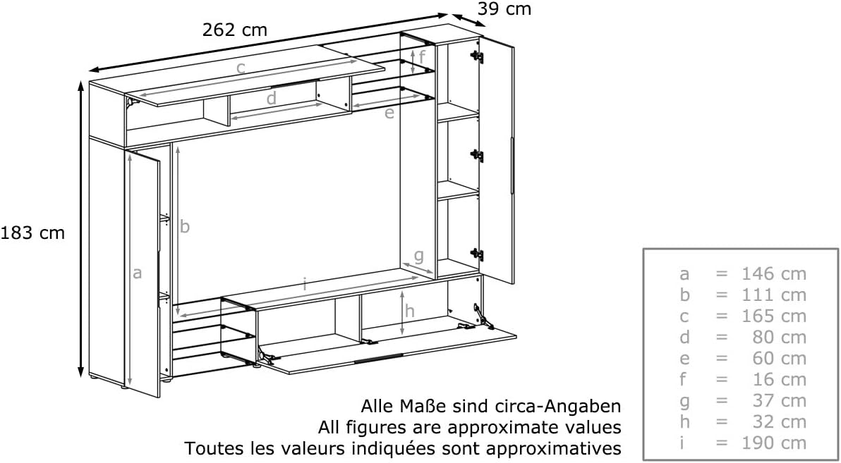 Mueble de salón Vladon Mirage, fabricado en Alemania, mueble mural con panel trasero, 2 puertas, 2 puertas abatibles y 6 estantes de cristal abiertos, blanco mate/crema de alto brillo (262 x 183 x 39 cm)