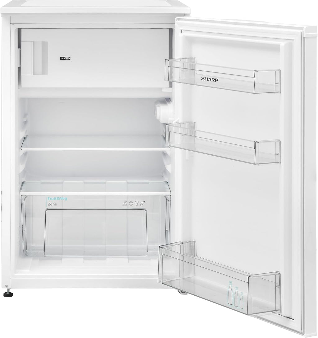 SHARP SJ-UD121T2W-EU freistehender Kühlschrank mit Gefrierfach (EEK D, 121 L, 40 dB), (Gemüsefach), Weiß, H83,8 x B54cm