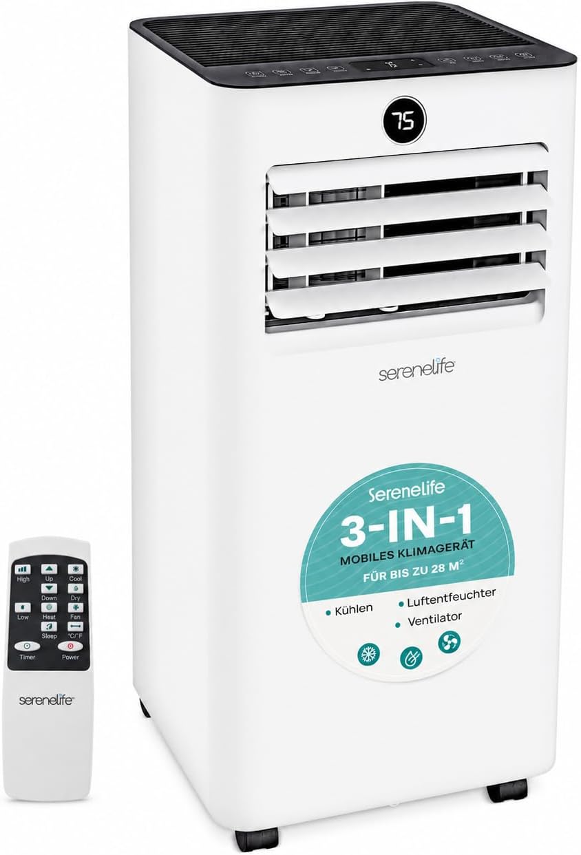 Aire acondicionado portátil SereneLife 7000 BTU, unidad 3 en 1 con manguera de escape, refrigeración, deshumidificación y ventilación, incluye kit para ventana, para habitaciones de hasta 35 m², temporizador de 24 h, silencioso 54 dB