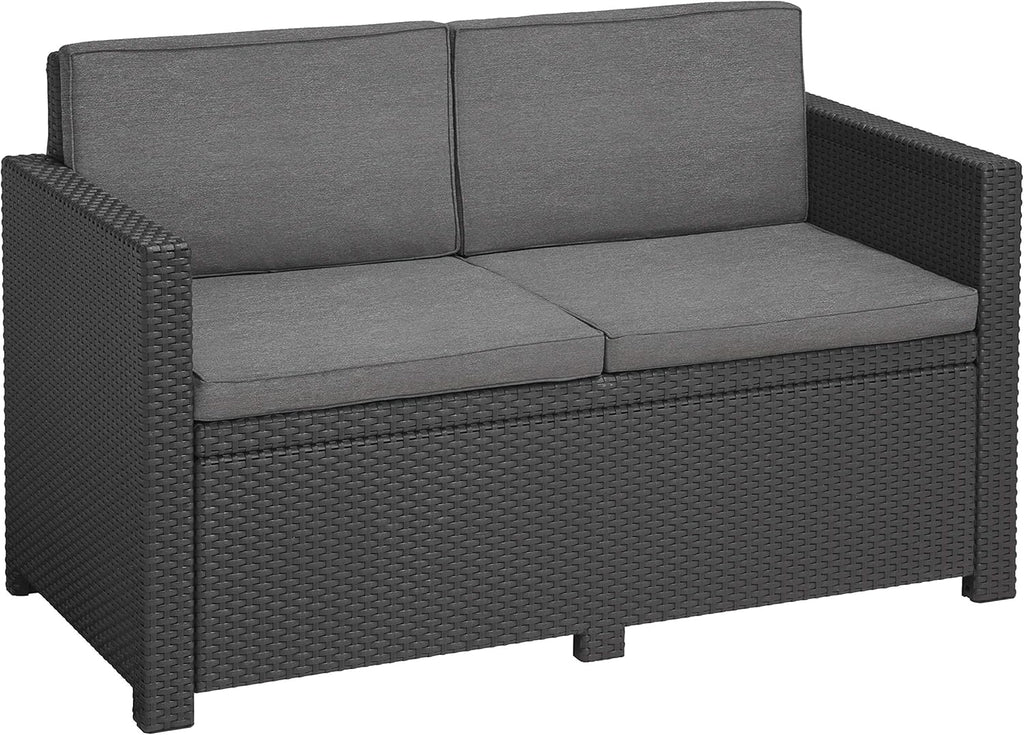 Sofá de jardín Victoria de Allibert by Keter - Sofá lounge de 2 plazas con aspecto de ratán, incl. cojines de asiento y respaldo, fácil de limpiar, resistente a la intemperie, gris, 129 x 63 x 77 cm