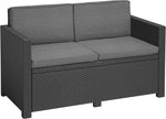 Sofá de jardín Victoria de Allibert by Keter - Sofá lounge de 2 plazas con aspecto de ratán, incl. cojines de asiento y respaldo, fácil de limpiar, resistente a la intemperie, gris, 129 x 63 x 77 cm