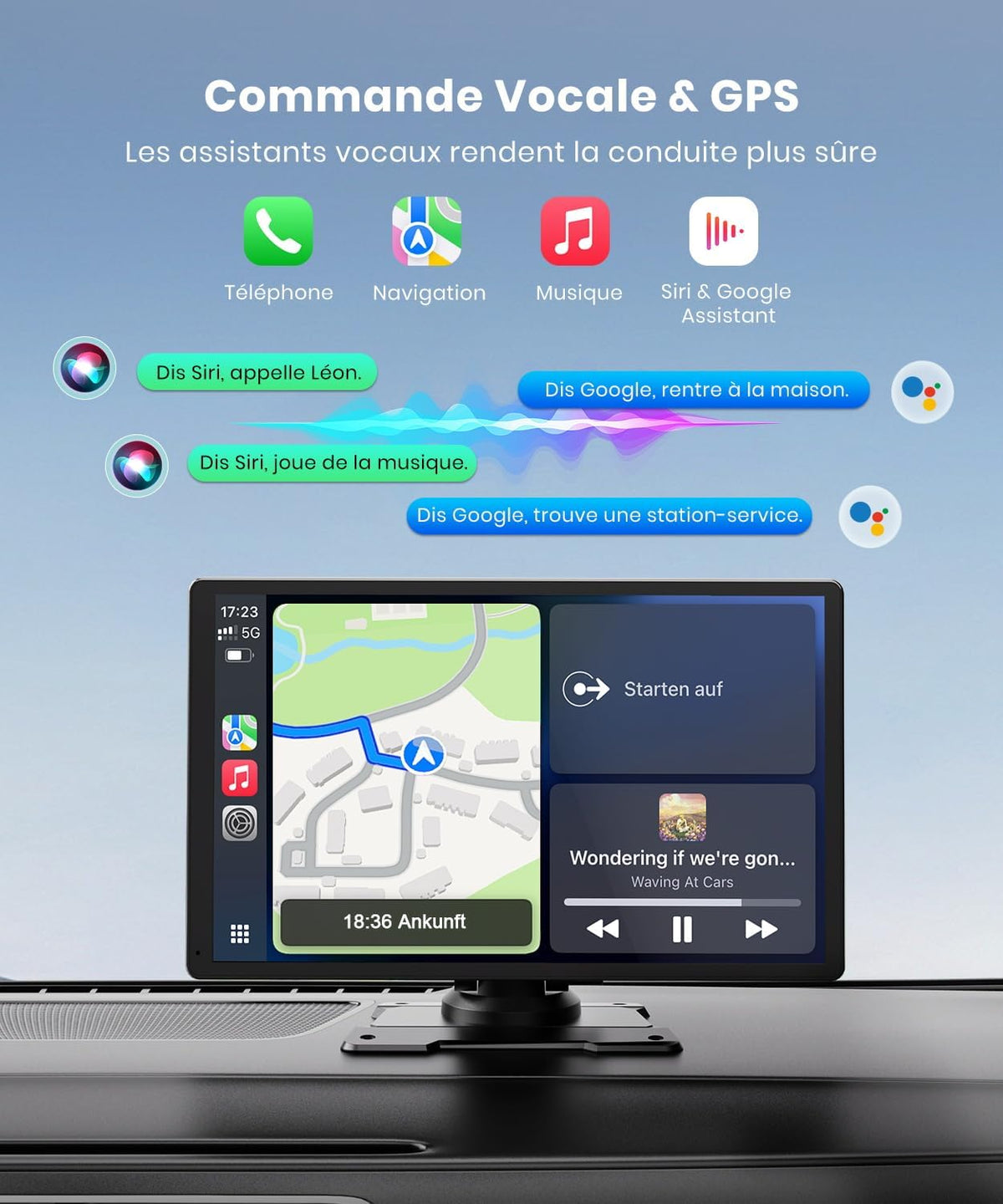 CarPlay Coche 9: Pantalla IPS HD brillante, visibilidad clara de día y de noche. Apple CarPlay y Android Auto inalámbricos, Bluetooth y WiFi 5GHz, navegación GPS, instalación fácil, cámara de marcha atrás (opcional)