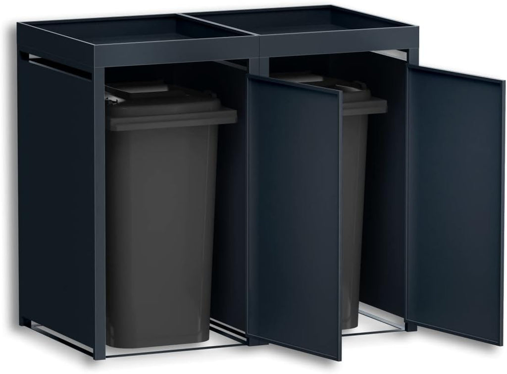 Cubo para basura Metzler en color antracita con techo para plantas, para 2 cubos de 240L, revestimiento para 2 cubos, acero con recubrimiento en polvo y resistente a la intemperie con tapa automática, con cerradura, caja para jardín y basura