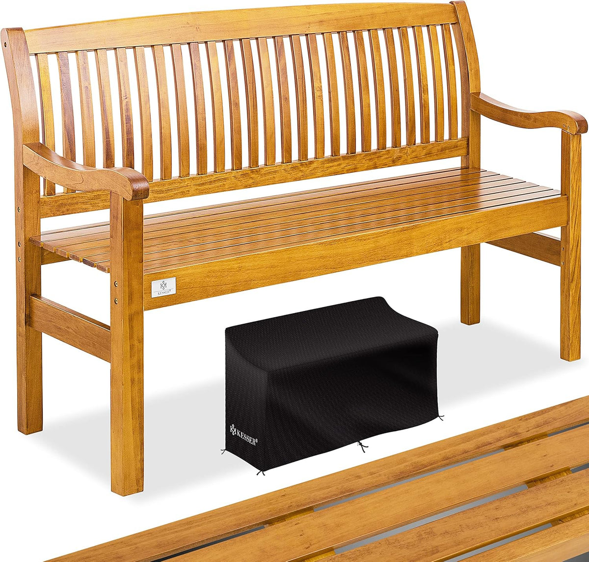 KESSER® Banco de jardín de madera, resistente a la intemperie | Para 3 a 4 personas | Banco de parque de madera maciza | Banco con capacidad de carga de 320 kg, 150 cm | Banco para balcón, terraza y jardín, incl. funda, marrón claro