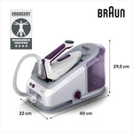 Centro de planchado Braun CareStyle 7 IS 7266 VI, suela FreeGlide 3D, funciones iCare, iMode y vapor vertical, FastClean, golpe de vapor 550 g/min, depósito de agua extraíble de 2 L, 2700 W, blanco-violeta