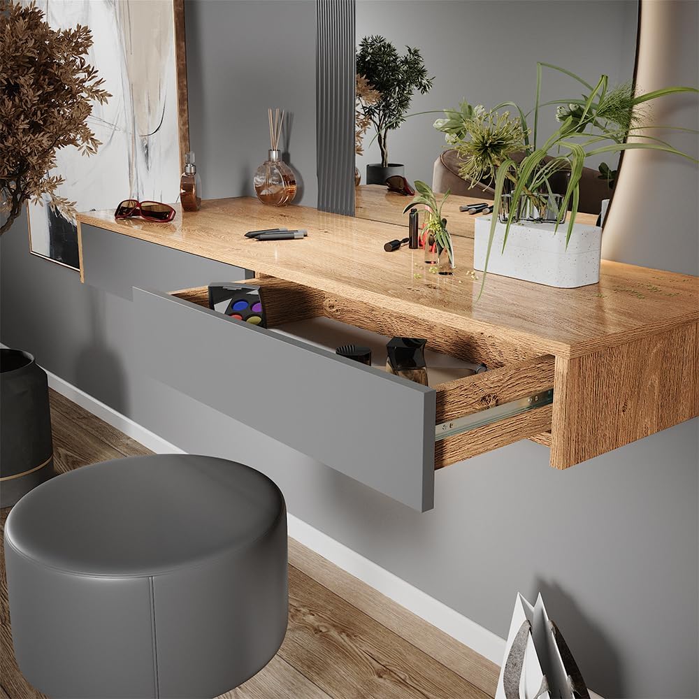 Tocador Vicco Melisa, gris, 120 cm con iluminación y taburete, altura flexible, perfectamente ajustable a las necesidades individuales