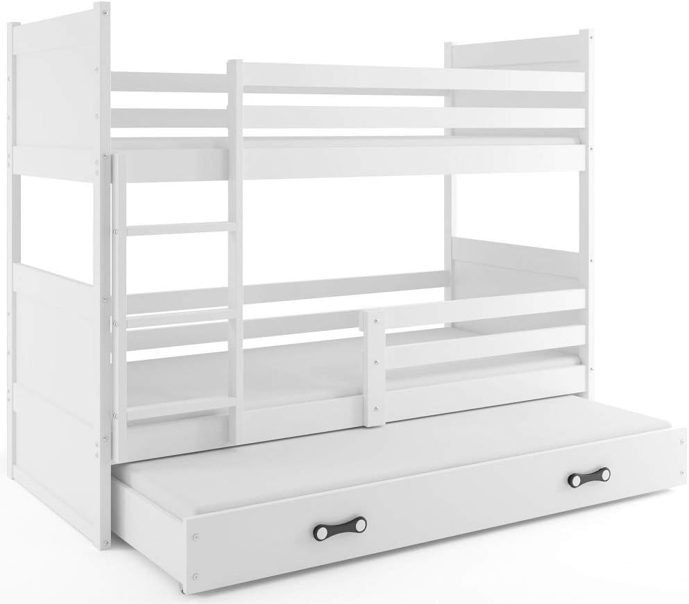 Interbeds Etagenbett für 3 Kinder Stockbett Hochbett 200x90 cm Holzbett Kiefernholz Kinderbett zusätzlicher Schlafplatz in der Schublade Jugenbett mit Lattenrost und Rausfallschutz