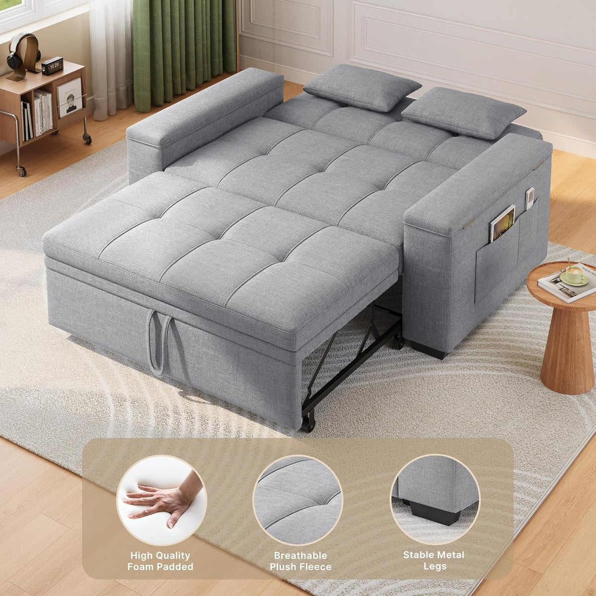 Sofá cama 3 en 1 Xbro, sofá de 2 plazas con función de cama, respaldo ajustable, tejido de lino con 2 cojines y bolsillos laterales, para salón, dormitorio u oficina, gris claro