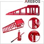 Arebos Juego de 2 rampas de acceso con gato hidráulico de 2 T | Elevador de coches XXL | Ancho de acceso de 257 mm | Plataforma elevadora con válvula de seguridad | Altura ajustable | Rojo