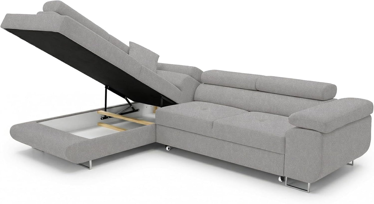 Ecksofa mit Schlaffunktion PASTI L-Form, Sofa Couch mit Bettkasten, 3-Sitzer Eckcouch, Schlafsofa für Wohnzimmer, Big Sofa Couch mit Schlaffunktion (Easy Clean Hellgrau, Ottomane Links)