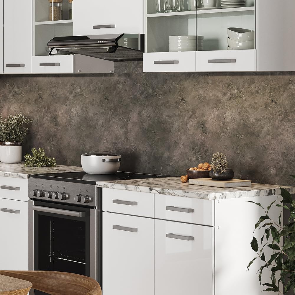 Cocina esquinera Vicco Rick, blanco alto brillo, 167 x 60 cm, encimera efecto mármol con tiras LED