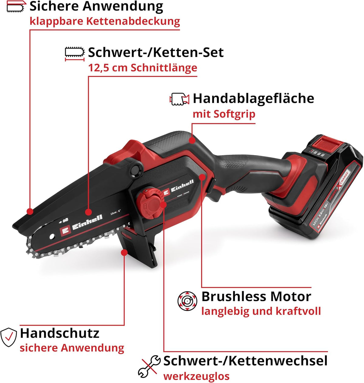 Sierra de cadena a batería para ramas Einhell GE-PS 18/15 Li Bag Kit