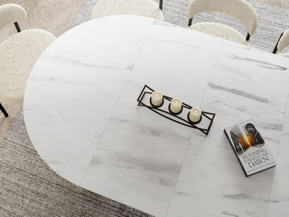WFL GROUP Mesa de comedor redonda extensible con efecto mármol blanco - Mesa de estilo loft con patas de metal - Mesa industrial para salón - Ahorro de espacio - Mármol blanco - 100 a 180 cm