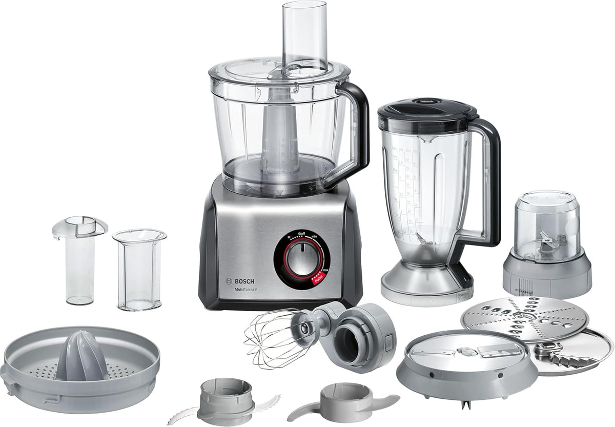 Procesador de alimentos compacto Bosch MultiTalent 8, más de 50 funciones, bol de 3,9 L, batidora de 1,5 L, cuchilla universal, para cortar y rallar (fino, grueso), disco batidor (nata), exprimidor, 1250 W, MC812844