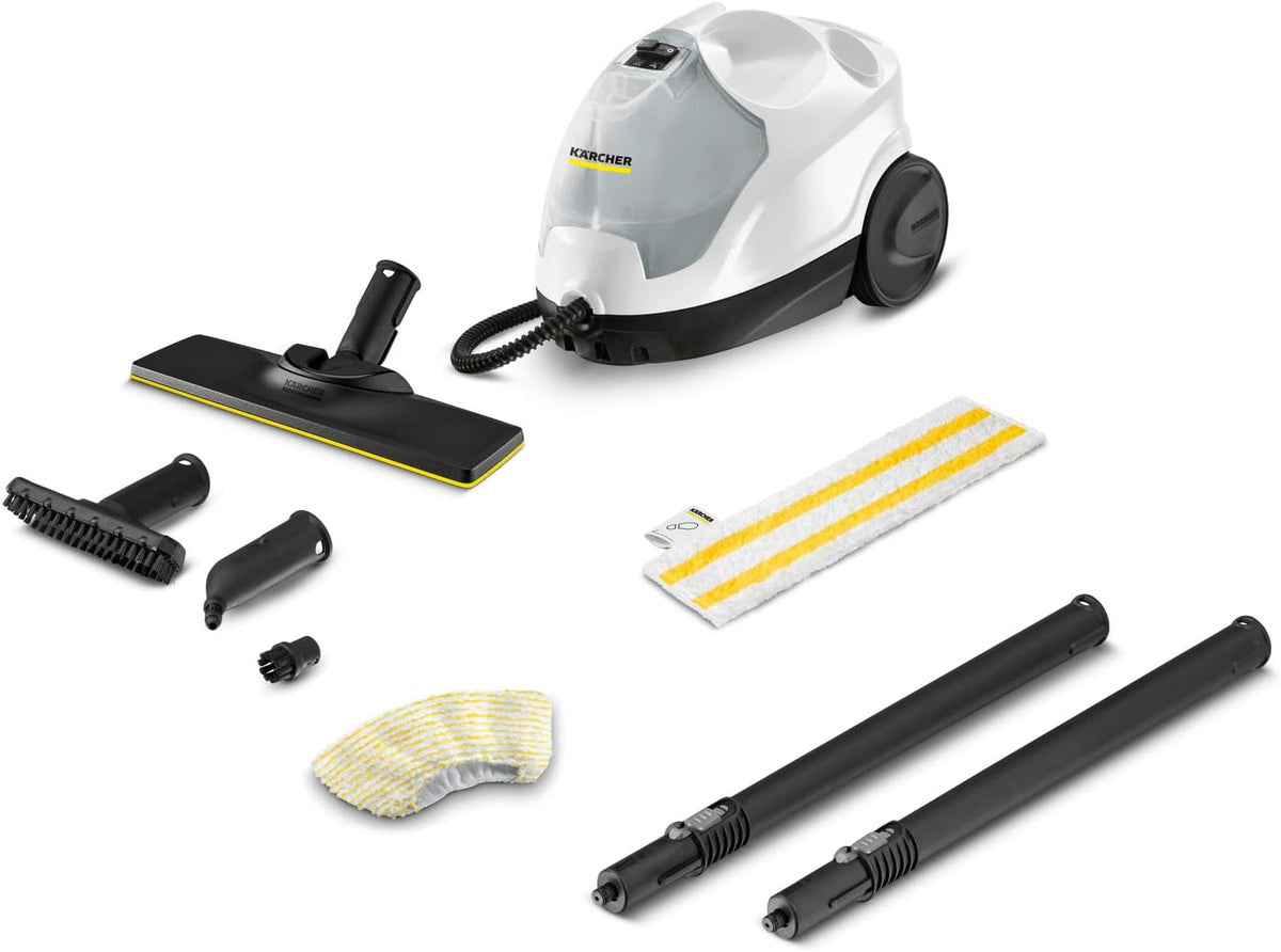 Limpiadora de vapor Kärcher SC 4 EasyFix blanco, presión de vapor: 3,5 bar, potencia: 2000 W, superficie: 100 m², sistema de 2 depósitos: 0,5 l + 0,8 l, con kit de limpieza de suelos y boquillas