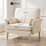 HOMCOM Sillón lounge con asiento de 83 cm, reposabrazos, sillón tapizado con cojín, aspecto de terciopelo, acolchado grueso, sillón relax con patas de madera para salón, dormitorio, crema