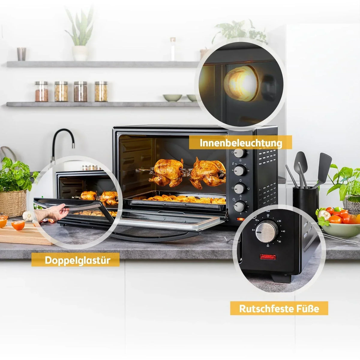 Minihorno TZS First Austria 60 L 2000 W, horno para pizza, 230 °C, 6 modos, temporizador de 60 min, 4 alturas de inserción, bandeja de horno, rejilla, asador giratorio, A++