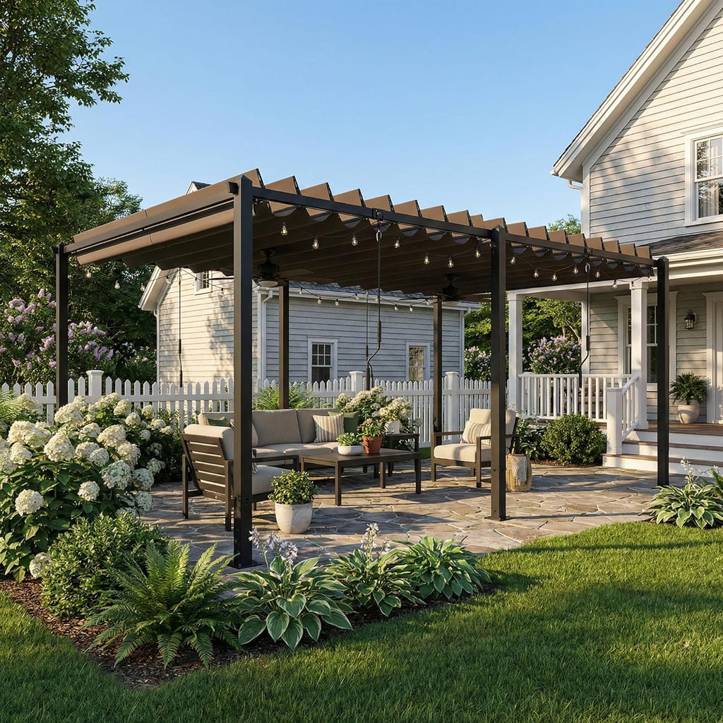 Pérgola de jardín Outsunny 3x5,7 m, cenador de jardín con techo de lamas ajustable a 90°, manivela, estructura de aluminio, protección UPF50+, pabellón para exterior, patio, terraza, gris oscuro