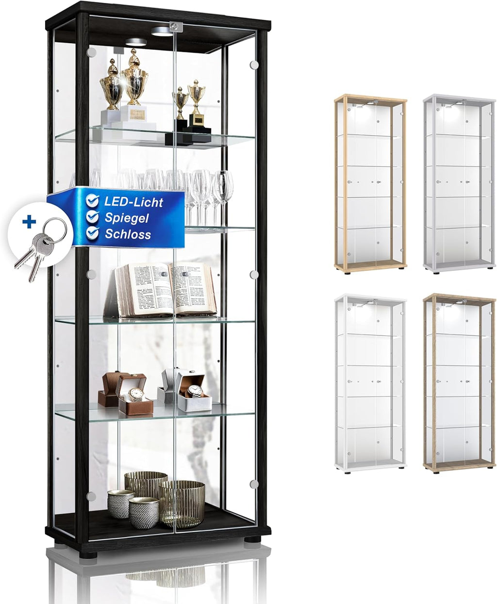 Glas Vitrinenschrank 2-türig (176x67x33cm) - Made in Germany - Standvitrine Schwarz mit 4 höhenverstellbaren Glasböden, Spiegel, Schloss & LED - Glasvitrine Stehend - Sammler