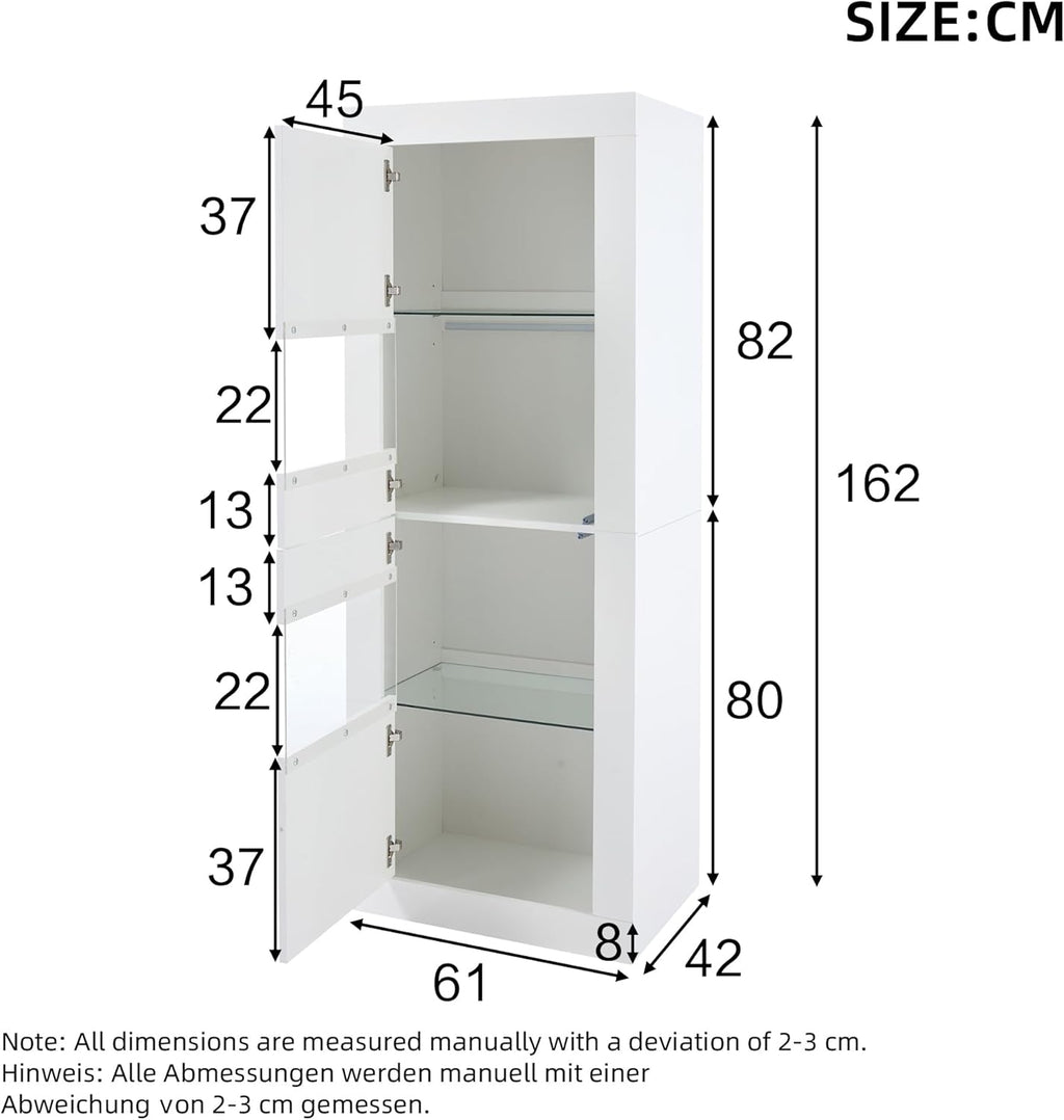 Vitrina Merax, vitrina de cristal, armario con iluminación LED, armario alto en blanco brillante con 2 estantes de cristal ajustables, vitrina para colecciones, estantería para salón, dormitorio, oficina, 161 cm