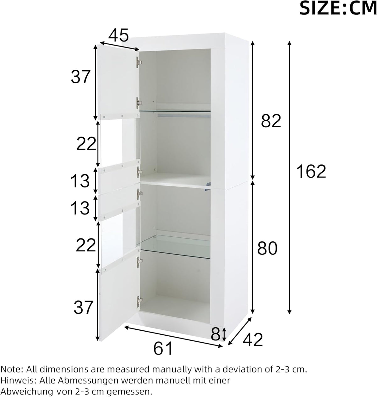 Vitrina Merax, vitrina de cristal, armario con iluminación LED, armario alto en blanco brillante con 2 estantes de cristal ajustables, vitrina para colecciones, estantería para salón, dormitorio, oficina, 161 cm