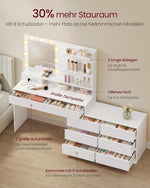 Colección VASAGLE Kailyn - Tocador con espejo e iluminación LED, mesa de maquillaje con 9 bombillas, 8 cajones, 3 estantes, 3 colores de luz, recto o en forma de L, blanco nube RDT140WB01