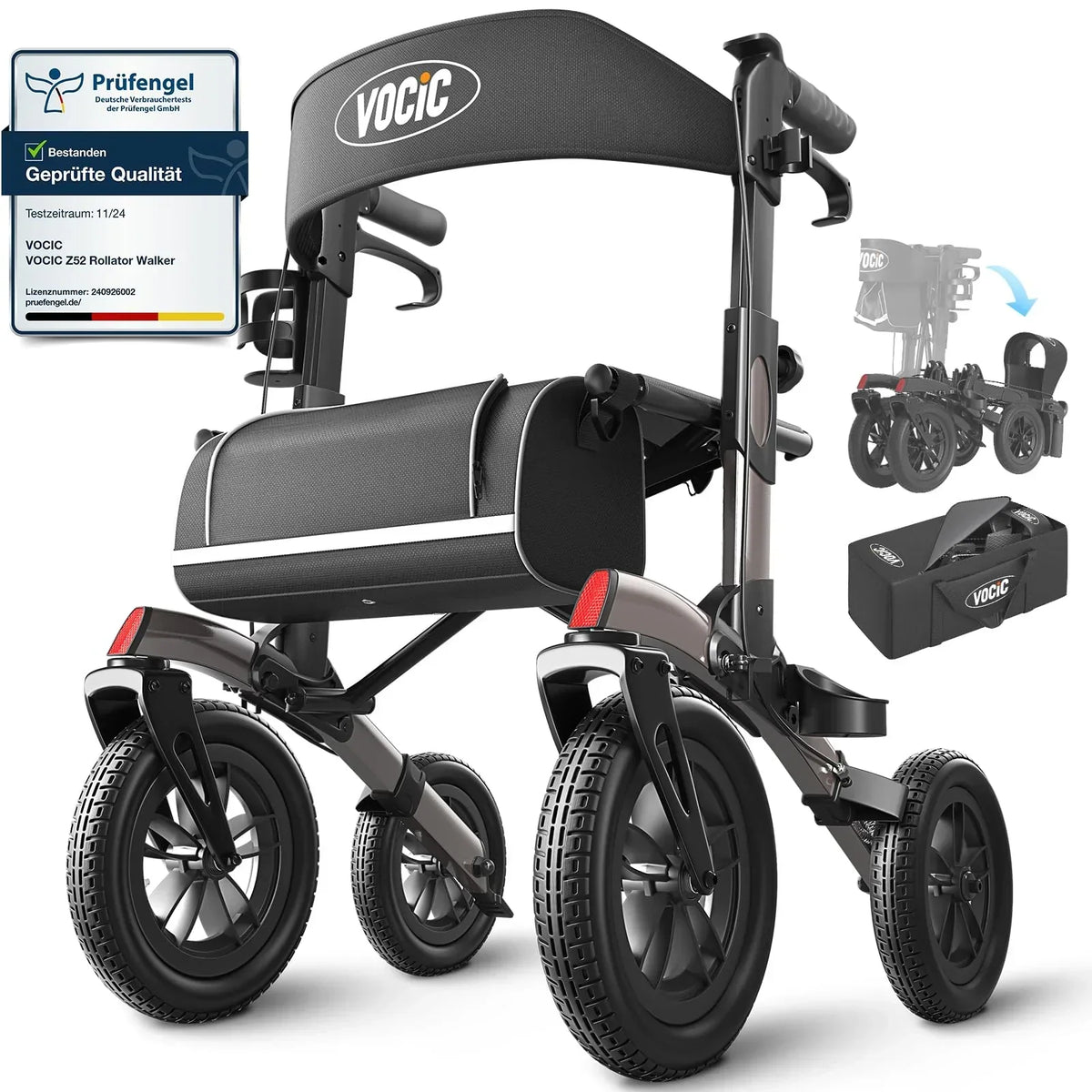 Andador plegable y ligero VOCIC con asiento, ruedas de caucho macizo, ajustable en altura, aluminio, gris, para exteriores
