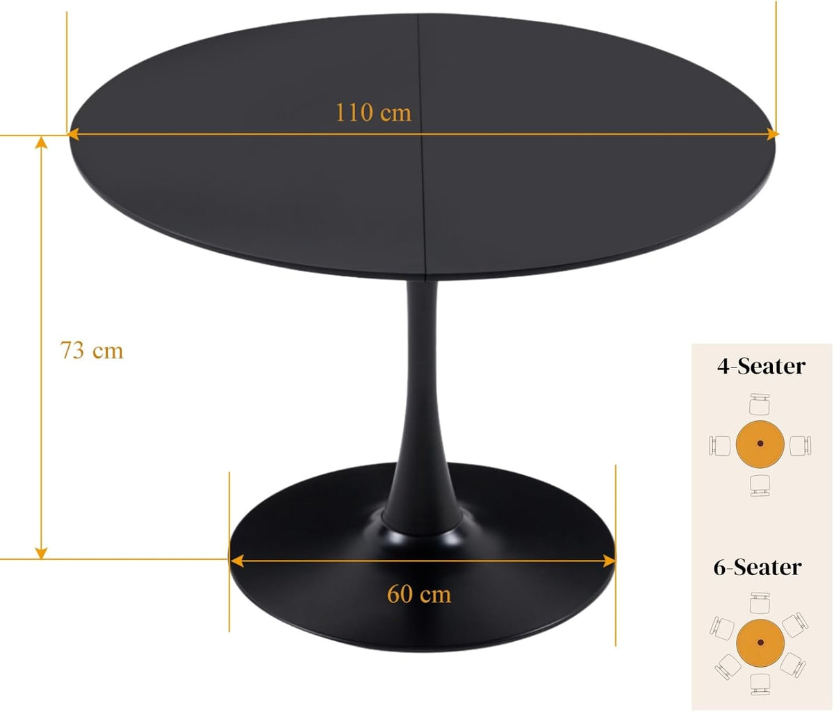 Mesa de comedor redonda de 110 cm, mesa de comedor redonda moderna negra, mesa de cocina para 4-6 personas, mesa de comedor de madera con estructura de metal, mesa redonda para cocina, comedor, salón y balcón, negro