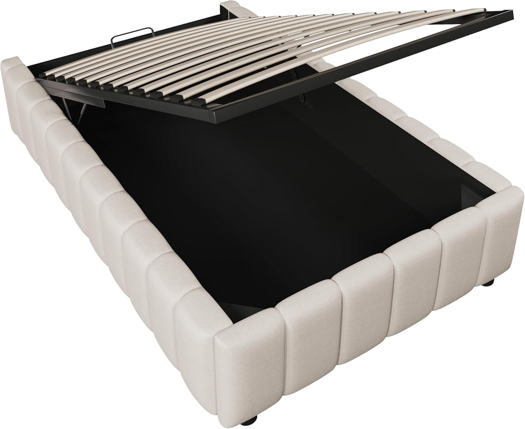 Cama tapizada 90x200, cama individual con espacio de almacenamiento y somier, sin cabecero, marco de cama con arcón hidráulico, cama con almacenaje hidráulico, estructura de cama, cama juvenil, lino, sin colchón, beige