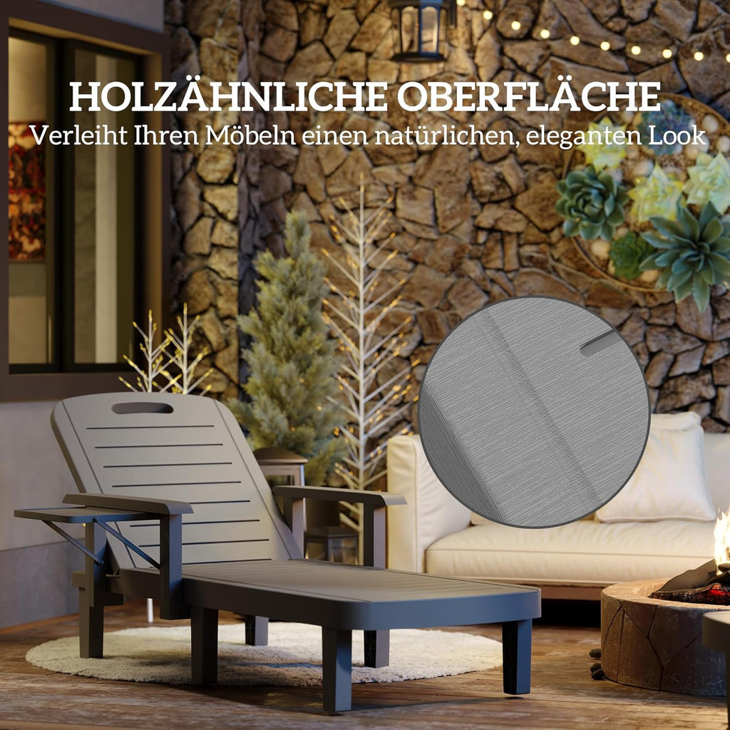 Outsunny Set de 2 tumbonas de jardín con mesa auxiliar, aspecto de madera, respaldo ajustable en 5 posiciones, silla de jardín resistente a la intemperie, carga máx. 120 kg, para jardín, exterior, playa, gris oscuro
