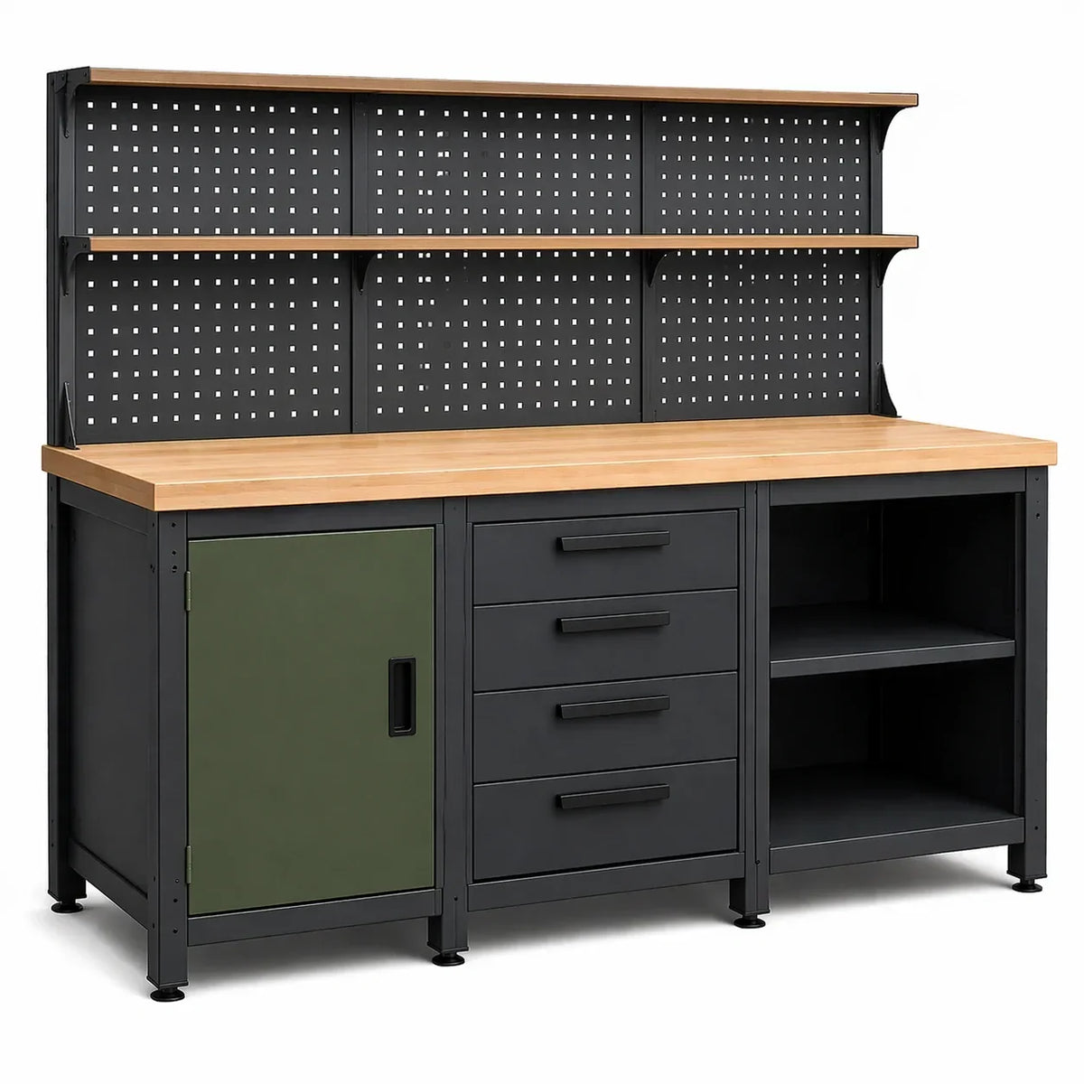 Banco de trabajo con encimera de madera y estructura de metal en negro y verde