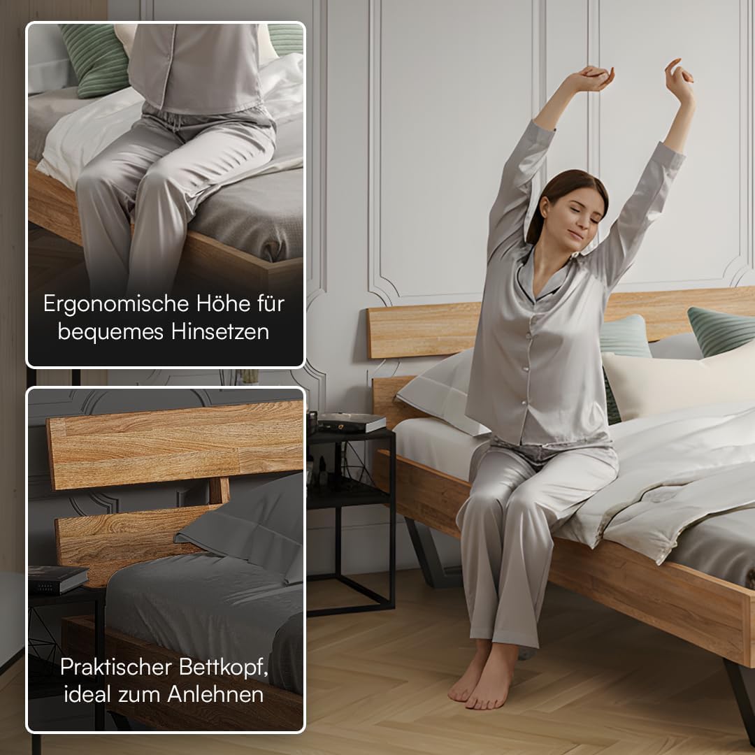 skølm Alver Massivholzbett 160x200 cm – Bettgestell aus Massivholz Eiche geölt – Holzbett mit schwarzen Metallkufen – hochwertiges Bett mit 2 Streben als Bettkopf – Bettrahmen geeignet als Doppelbett