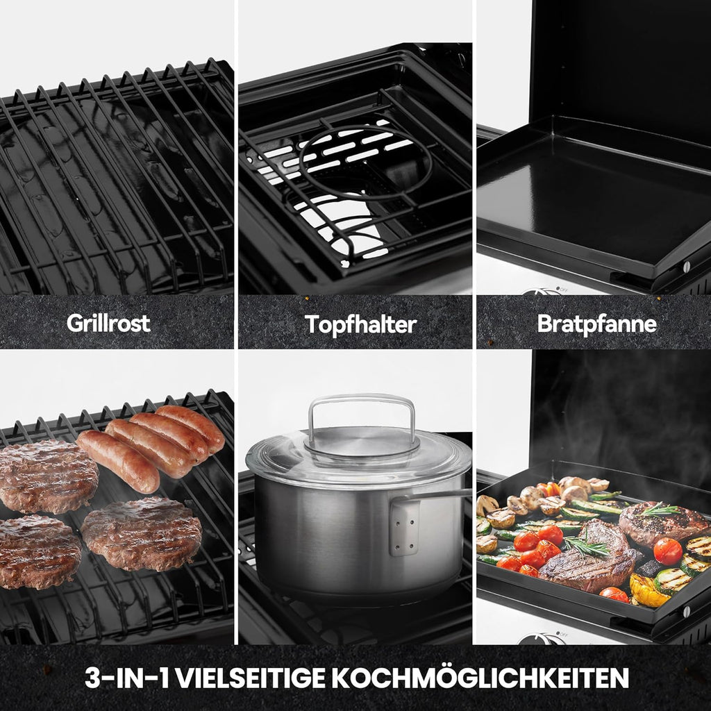 Royal Gourmet 3 Brenner Gasgrill, 3 in 1 Tischgrill mit Grillen, Braten, Kochen, Campinggrill mit Klappbare Seitenablage, Tragbarer Picknickgrill mit 8,5 kW Schwarz