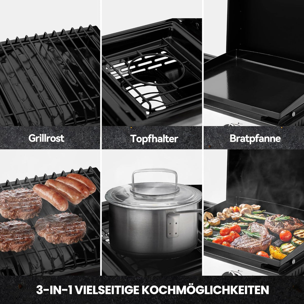 Royal Gourmet 3 Brenner Gasgrill, 3 in 1 Tischgrill mit Grillen, Braten, Kochen, Campinggrill mit Klappbare Seitenablage, Tragbarer Picknickgrill mit 8,5 kW Schwarz