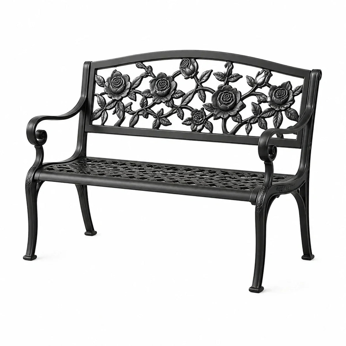 Banco de jardín negro de aluminio y hierro fundido con patrón floral