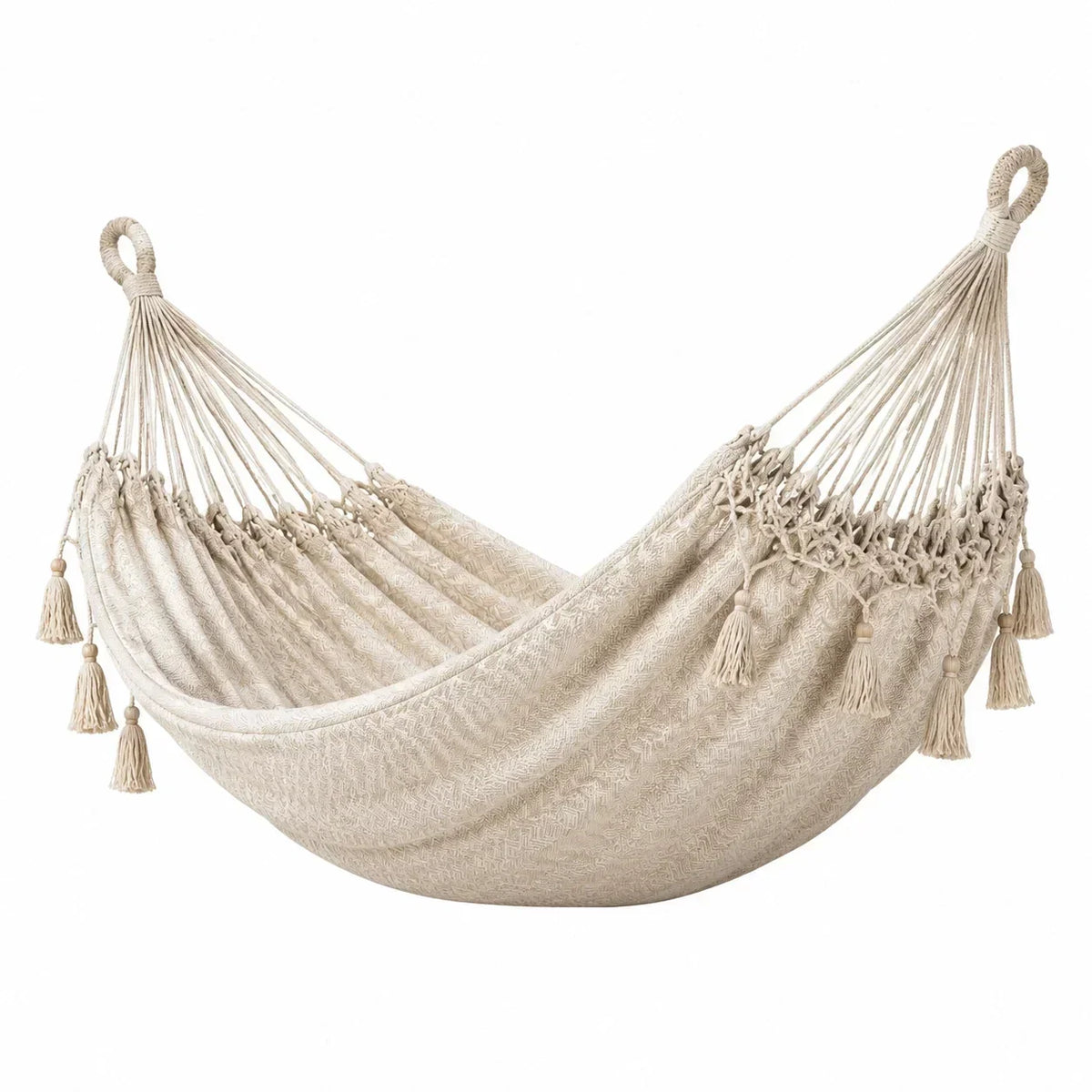 Hamaca de algodón con flecos hechos a mano beige 200x150cm
