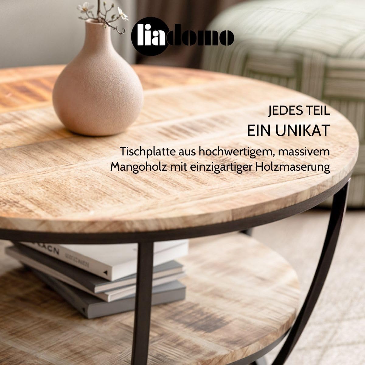 Couchtisch Gianna, rund 86cm, Wohnzimmertisch, Beistelltisch, Tischplatte aus Mangoholz, Metallgestell in Schwarz pulverbeschichtet, mit zusätzlicher Ablage, robust, pflegeleicht