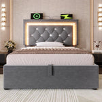Cama tapizada individual 90x200cm con cabecero LED, estación de carga USB y tipo C, canapé hidráulico con espacio de almacenamiento, cama juvenil moderna con somier, terciopelo (gris, 90x2 00cm)