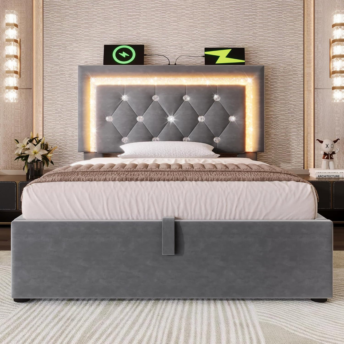 Cama tapizada individual 90x200cm con cabecero LED, estación de carga USB y tipo C, canapé hidráulico con espacio de almacenamiento, cama juvenil moderna con somier, terciopelo (gris, 90x2 00cm)
